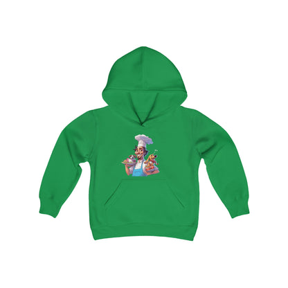 Youth Heavy Blend Hooded Sweatshirt with a Chef and his Dog Design