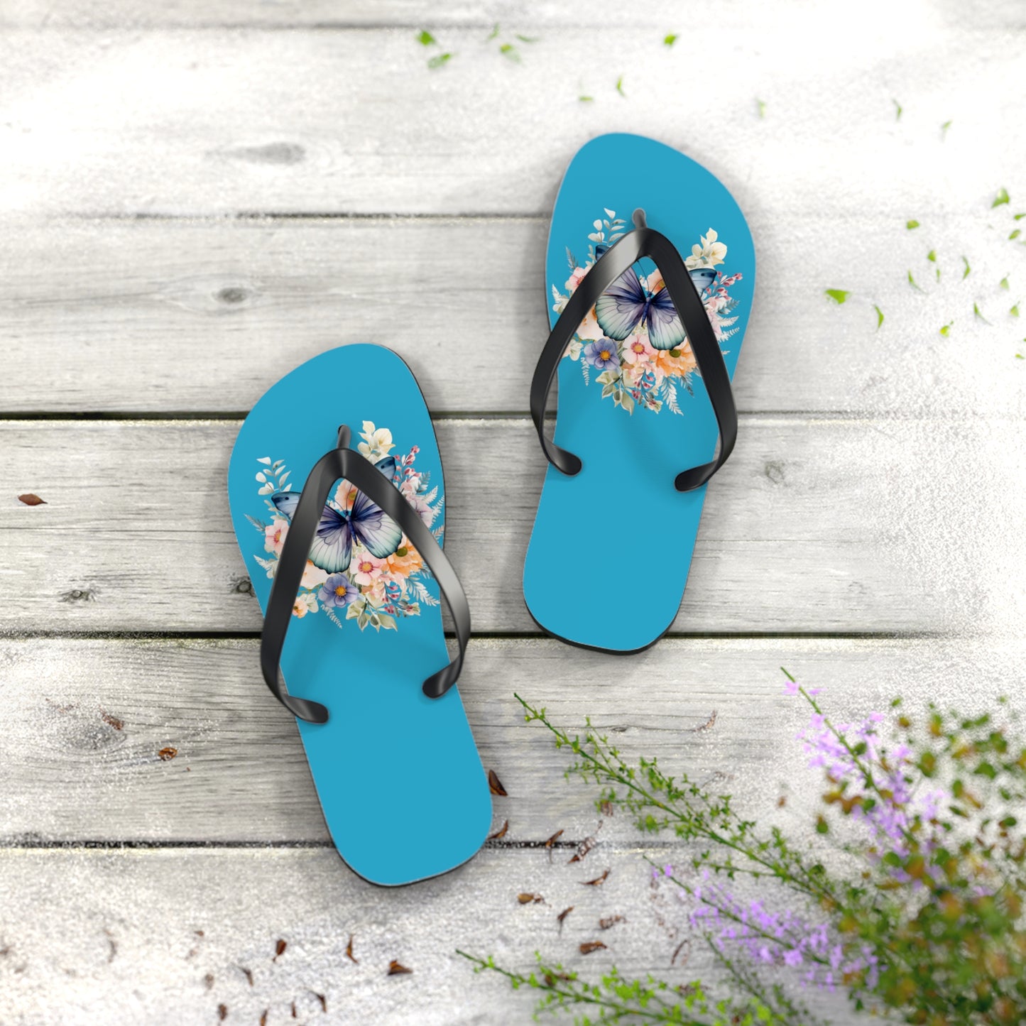 Turquoise Flip Flops with Butterfly Design