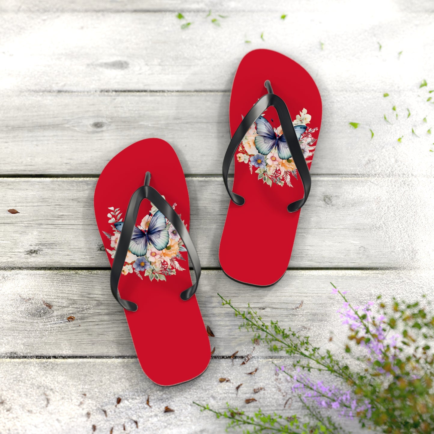 Dark Red Flip Flops with Butterfly Design