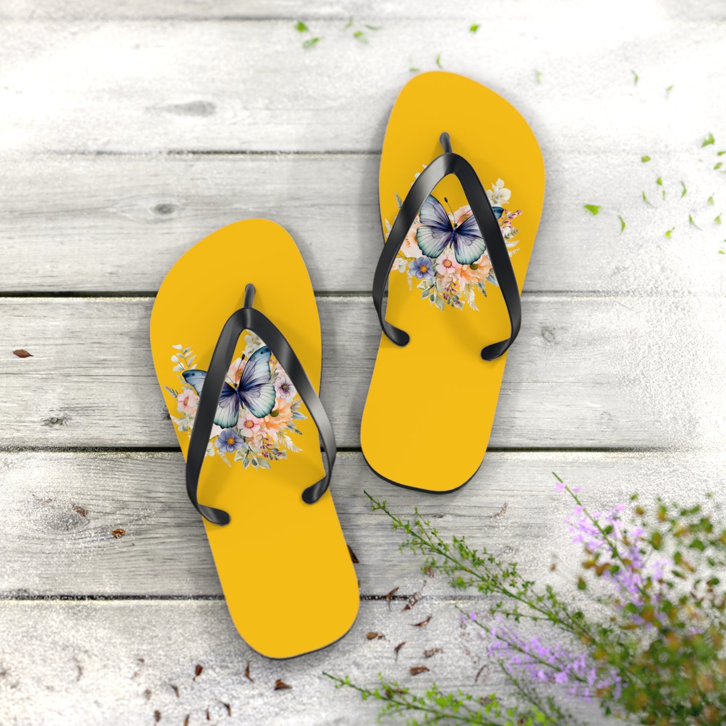 Yellow Flip Flops with Butterfly Design