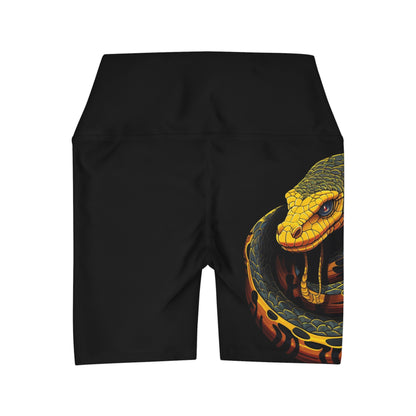 High Waisted Black Yoga Shorts (AOP) with a Snake design