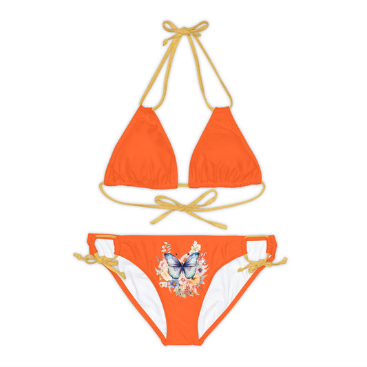 Orange Strappy Bikini Set (AOP) with Butterfly design