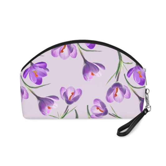 Purple Crocus Floral Makeup Bag – Lavender Flower Cosmetic Pouch, Faux Leather Travel Makeup Organizer