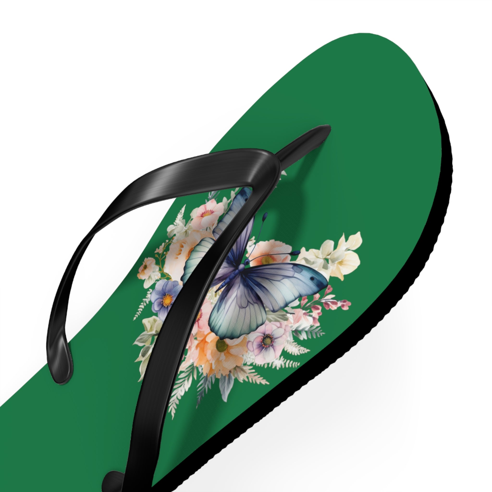 Dark Green Flip Flops with Butterfly Design