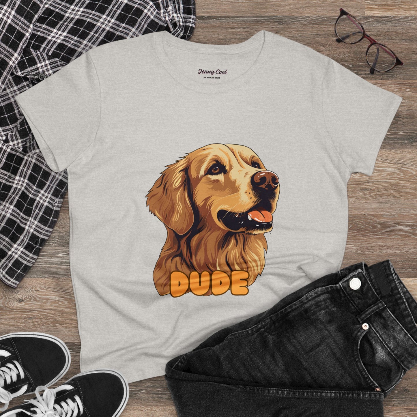 Women's Tee with Golden Dog Print - Valentine's Day Gift