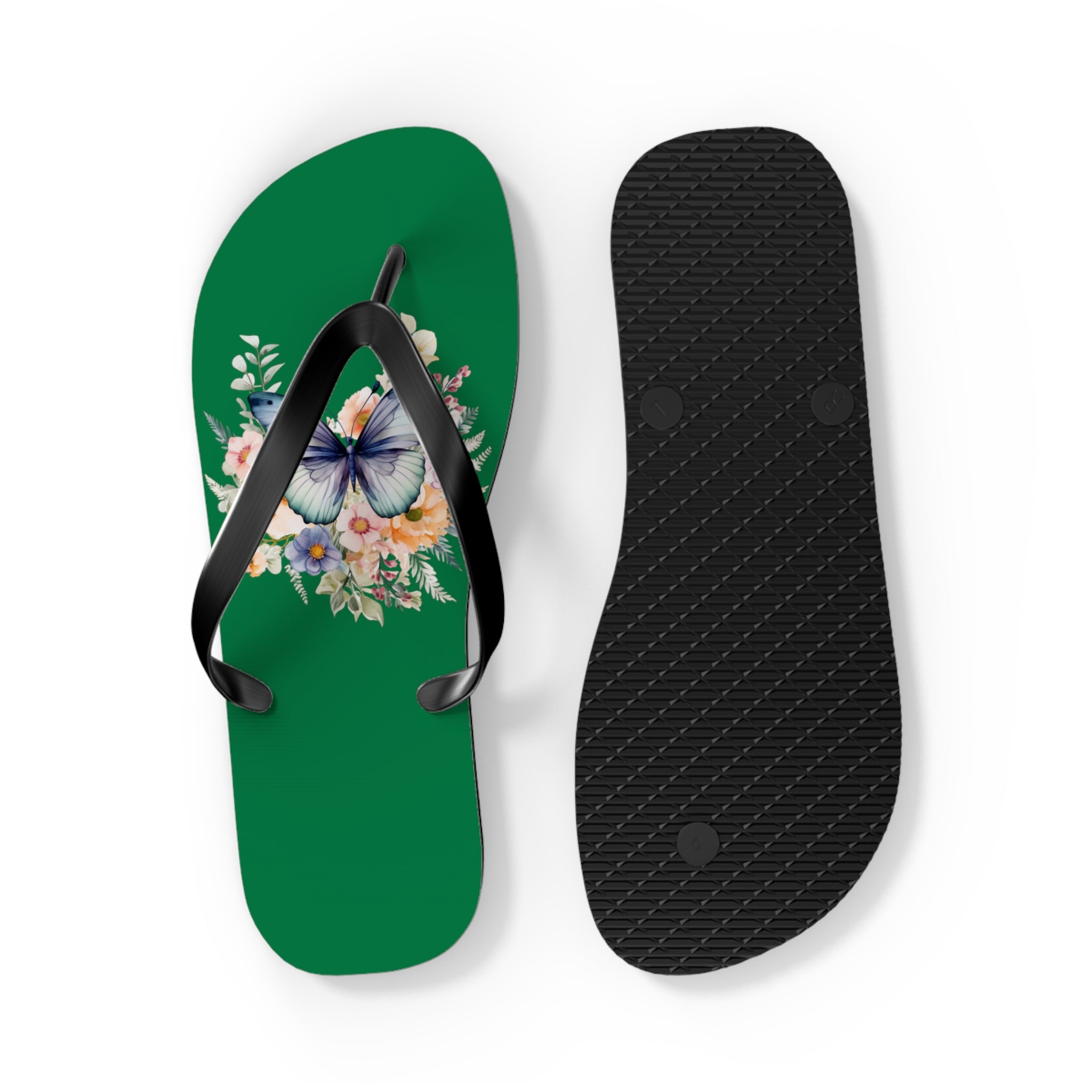 Dark Green Flip Flops with Butterfly Design