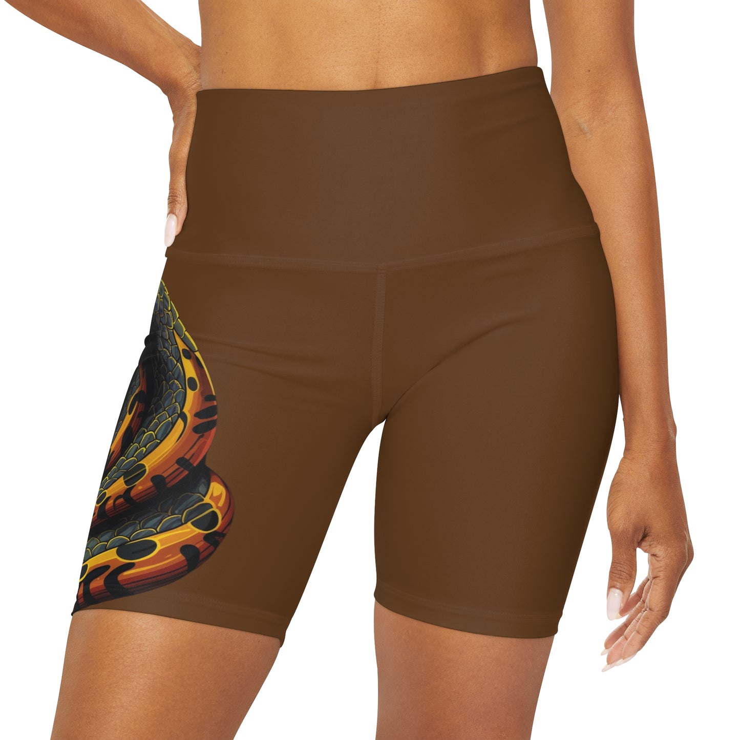 High Waisted Brown Yoga Shorts (AOP) with a Snake design