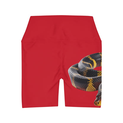 High Waisted Red Yoga Shorts (AOP) with a Snake design