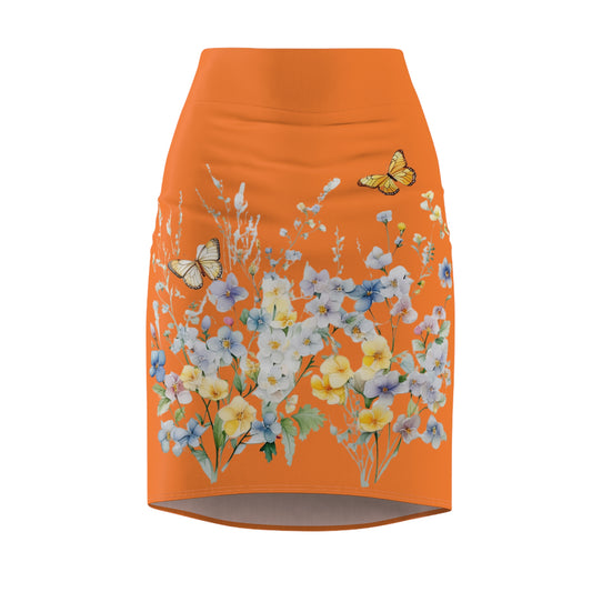 Crusta Women's Pencil Skirt (AOP) with Spring Flowers and Butterfly