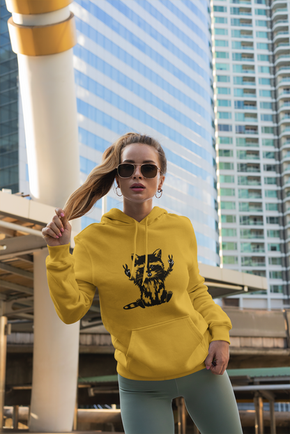 Women's Yellow Raccoon Graphic Hoodie – Soft Cotton Blend Pullover Sweatshirt