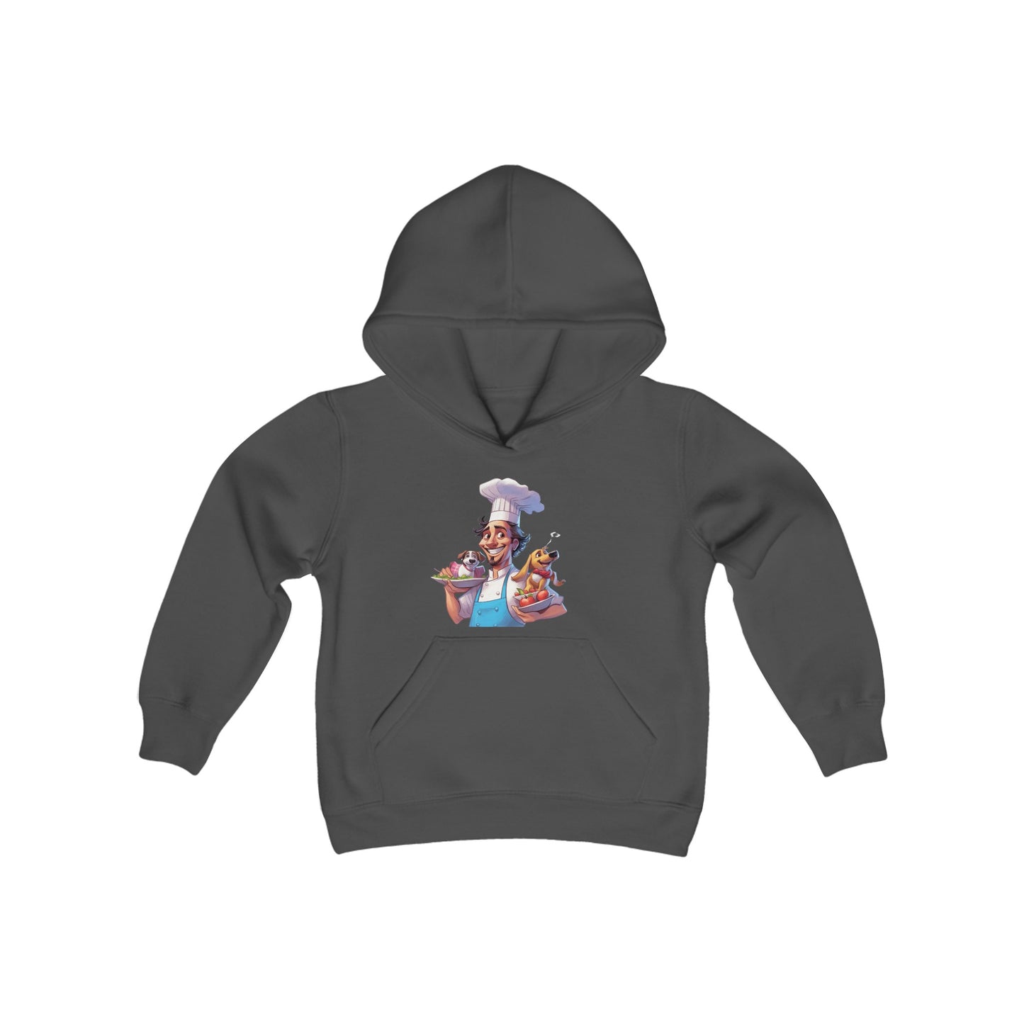 Youth Heavy Blend Hooded Sweatshirt with a Chef and his Dog Design