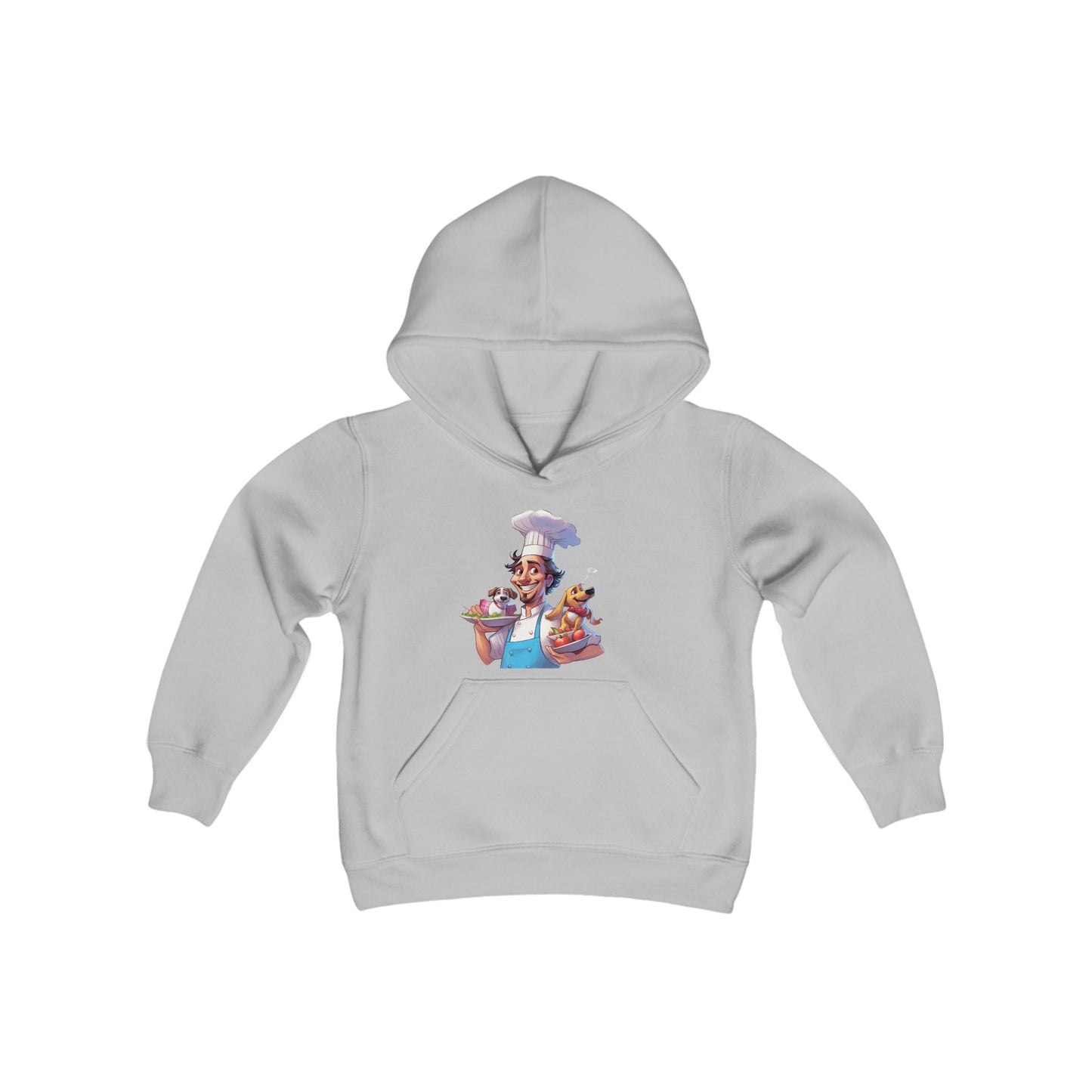 Youth Heavy Blend Hooded Sweatshirt with a Chef and his Dog Design