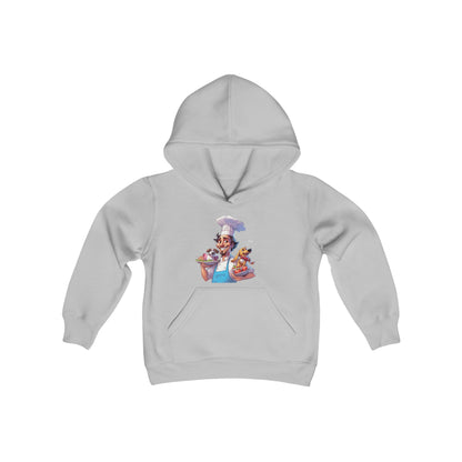 Youth Heavy Blend Hooded Sweatshirt with a Chef and his Dog Design