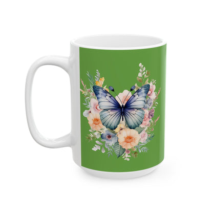 Green Ceramic Mug Butterfly, (11oz, 15oz)