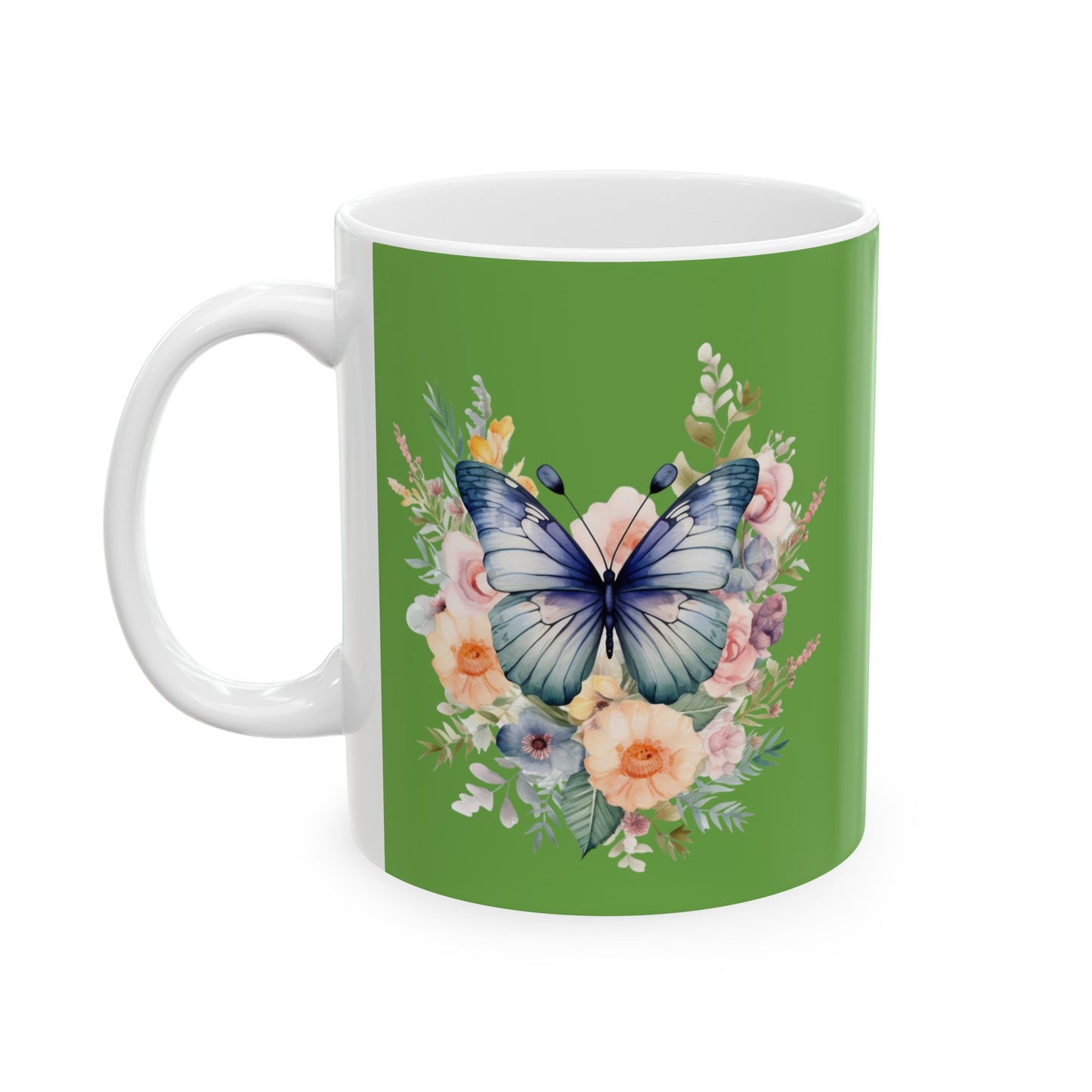 Green Ceramic Mug Butterfly, (11oz, 15oz)