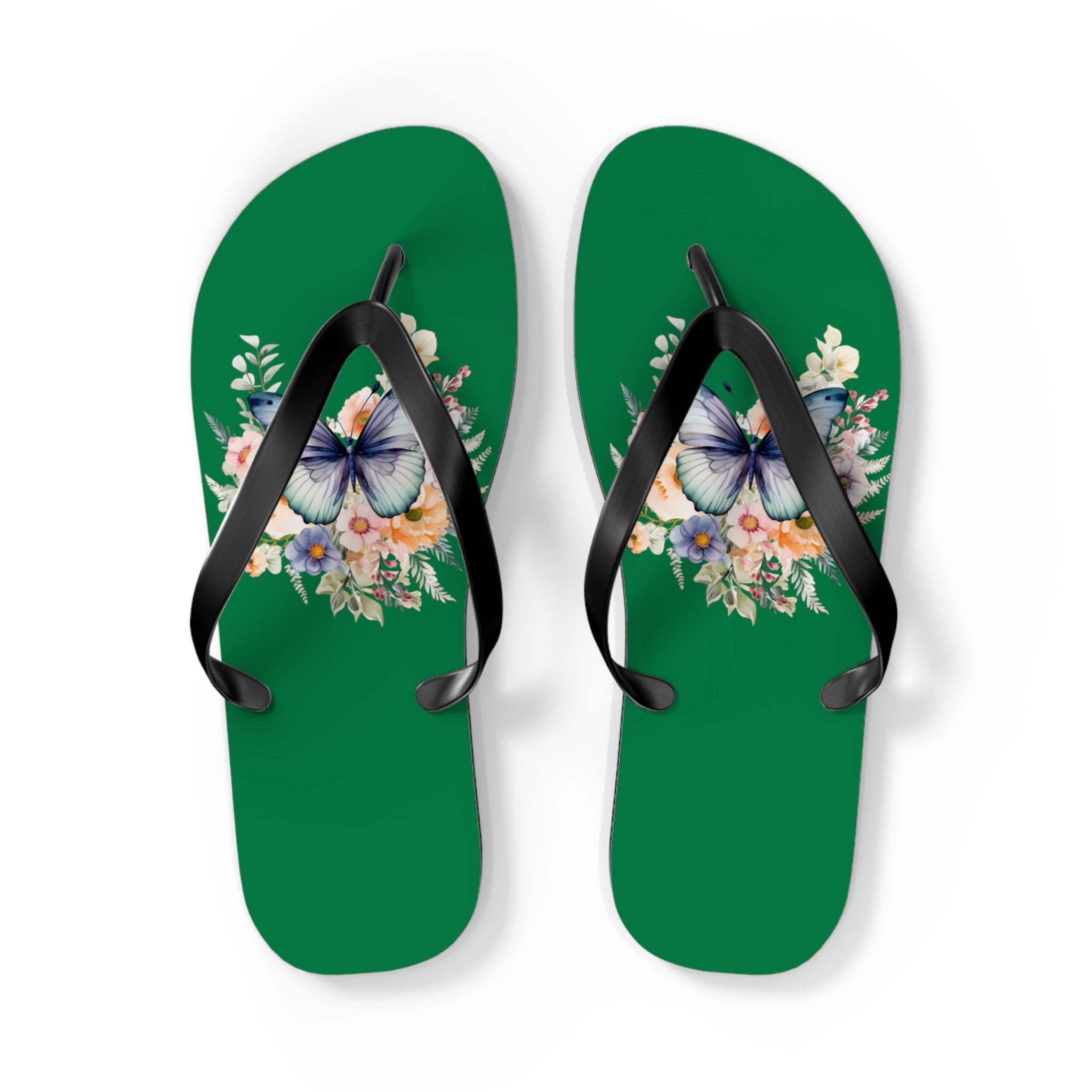 Dark Green Flip Flops with Butterfly Design