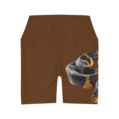 High Waisted Red Yoga Shorts (AOP) Brown Color with a Snake design