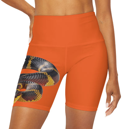 High Waisted Red Yoga Shorts (AOP) Orange Color with a Snake design