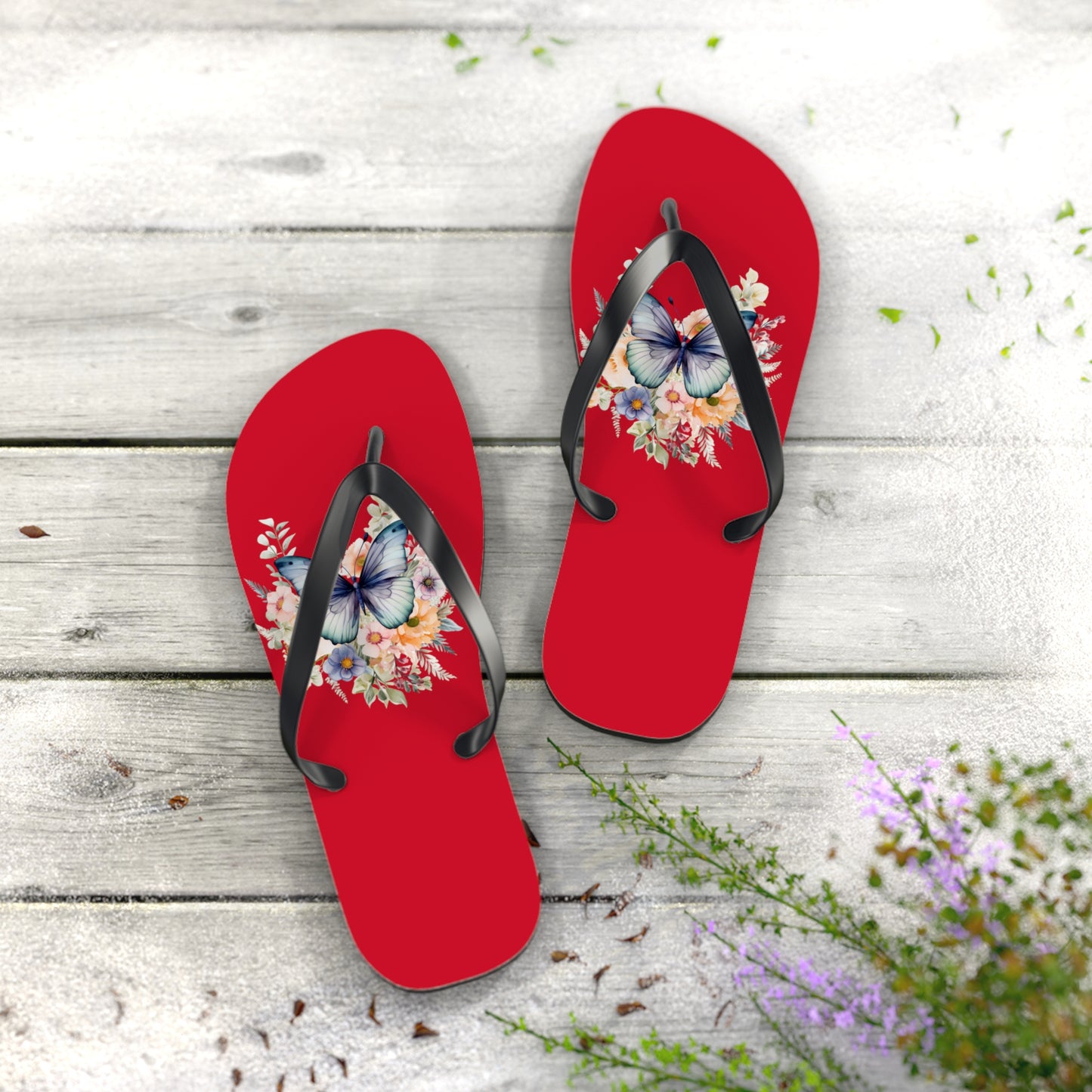 Dark Red Flip Flops with Butterfly Design