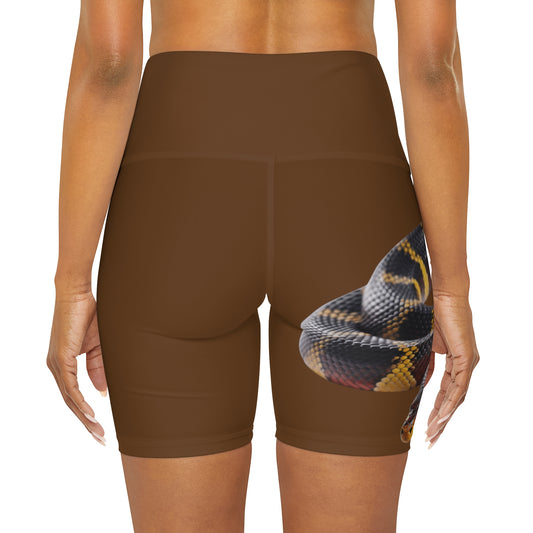 High Waisted Red Yoga Shorts (AOP) Brown Color with a Snake design