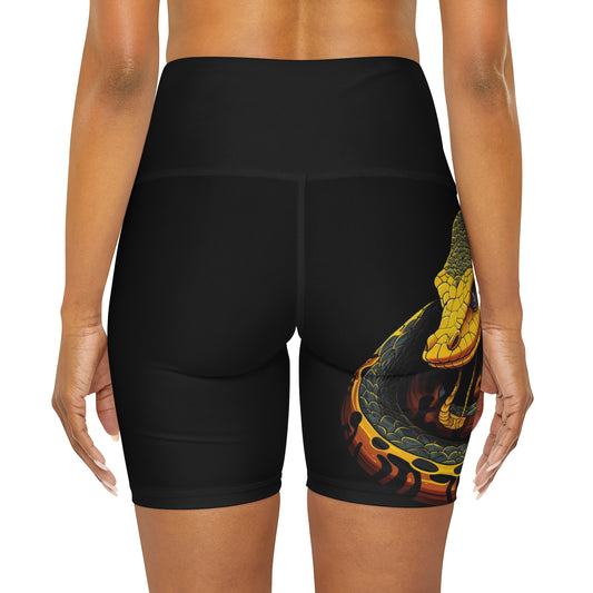 High Waisted Black Yoga Shorts (AOP) with a Snake design