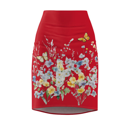 Red Women's Pencil Skirt (AOP) with Spring Flowers and Butterfly