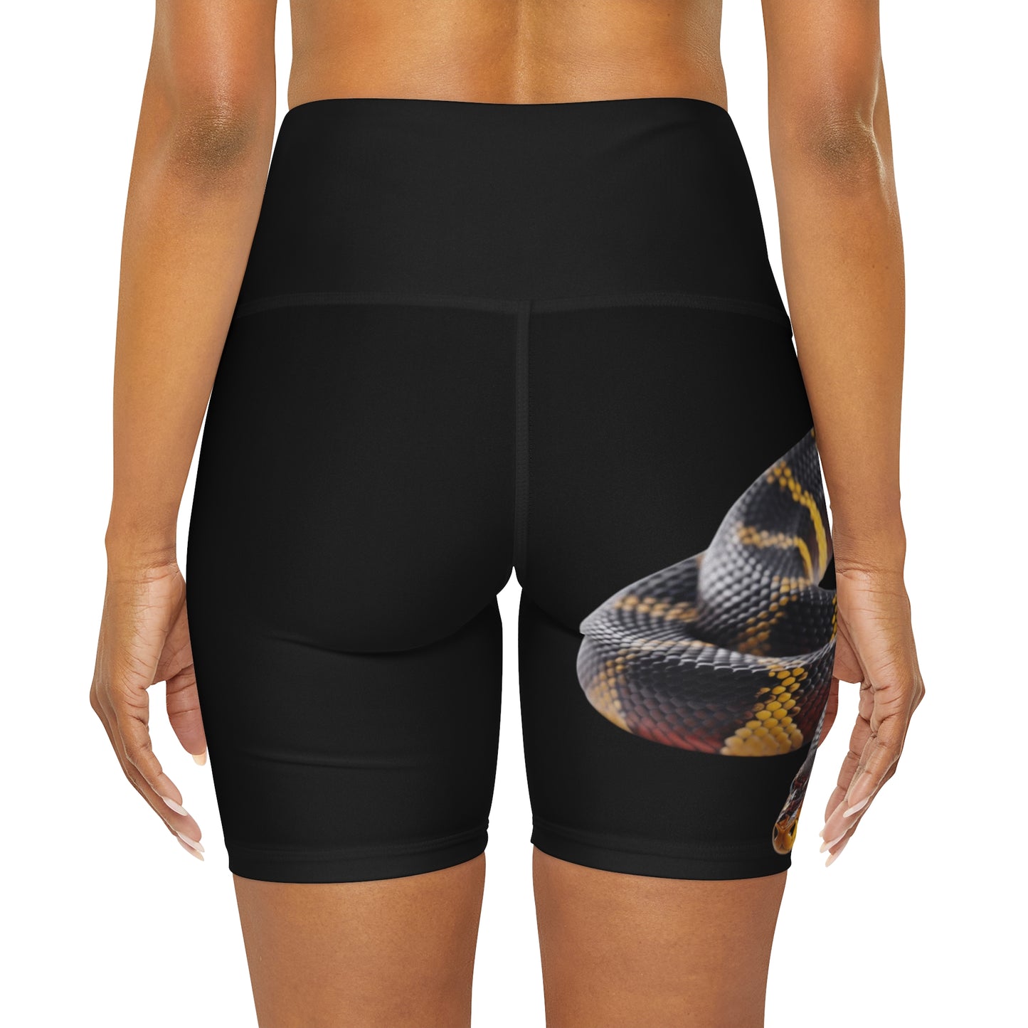 High Waisted Red Yoga Shorts (AOP) Black Color with a Snake design