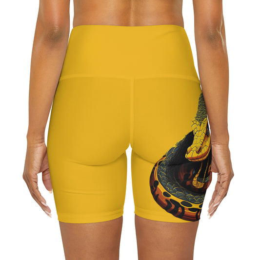 High Waisted Yellow Yoga Shorts (AOP) with a Snake design