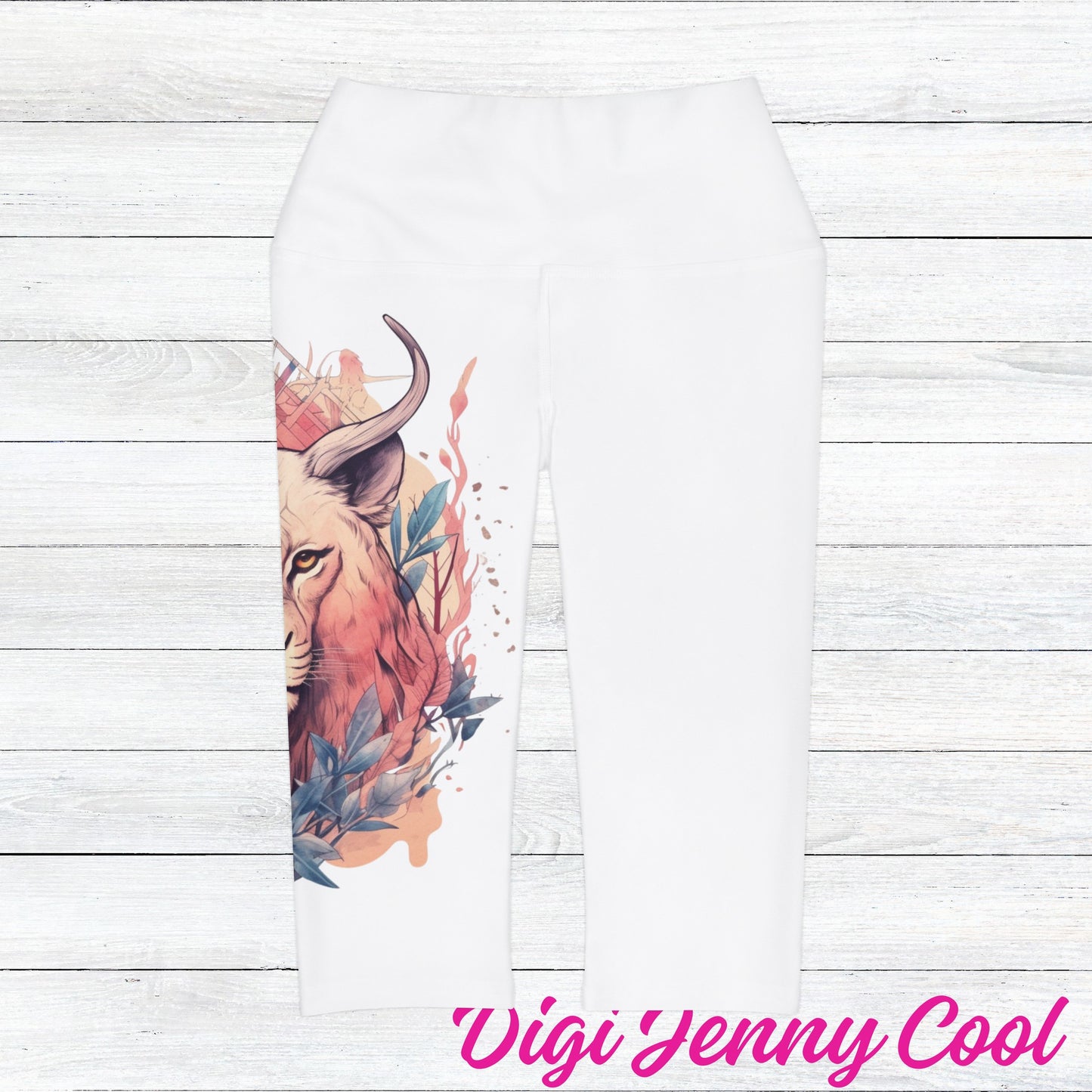 Yoga Capri White Leggings (AOP) Lion Design