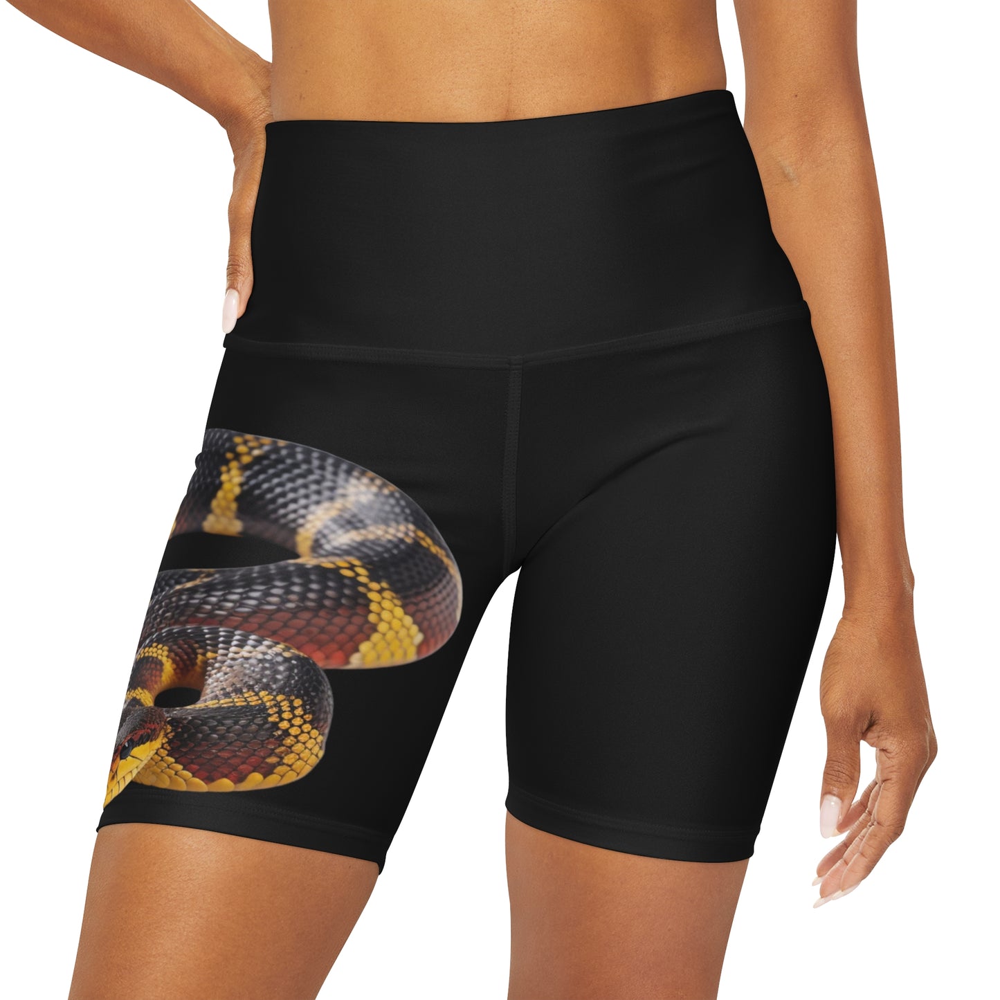 High Waisted Red Yoga Shorts (AOP) Black Color with a Snake design