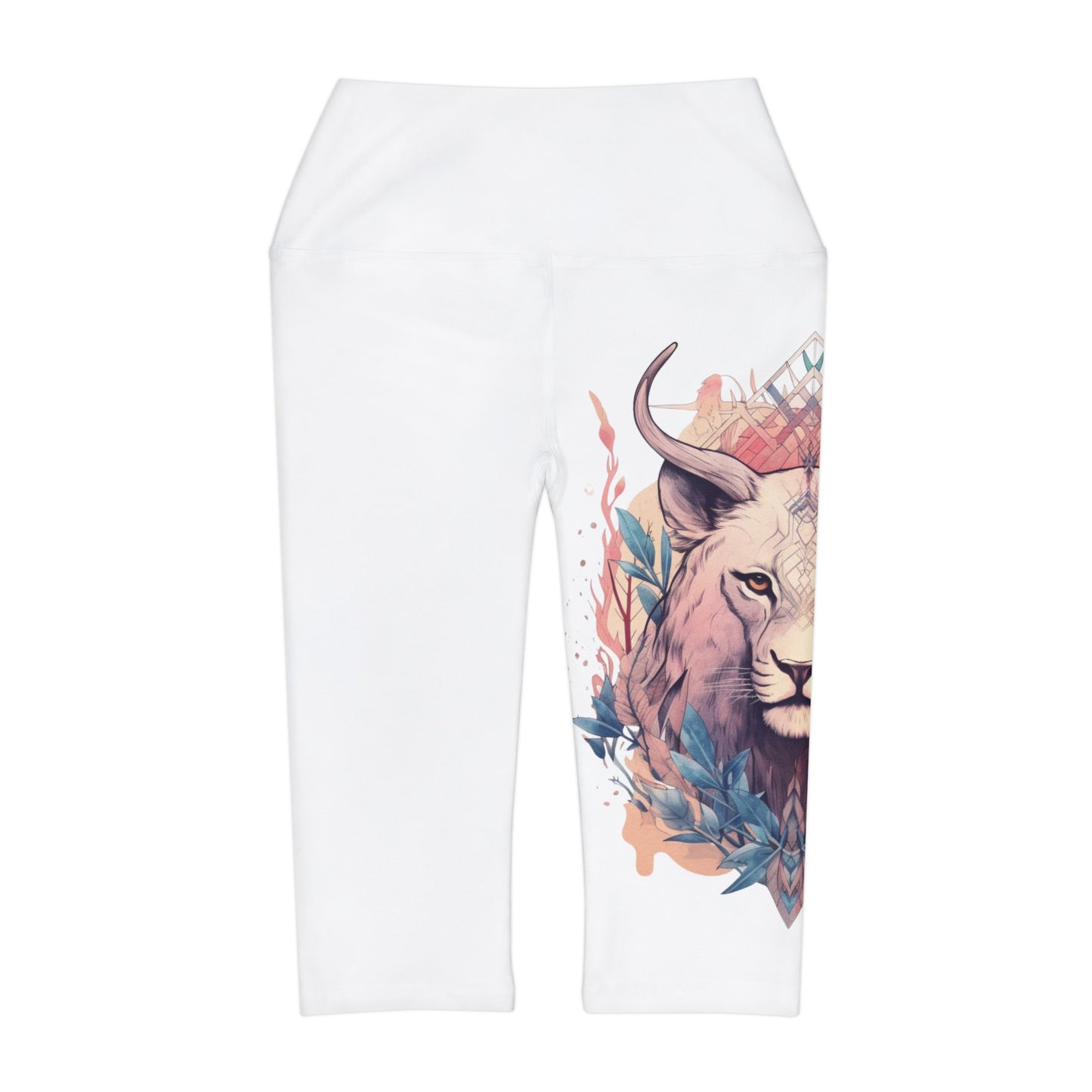 Yoga Capri White Leggings (AOP) Lion Design