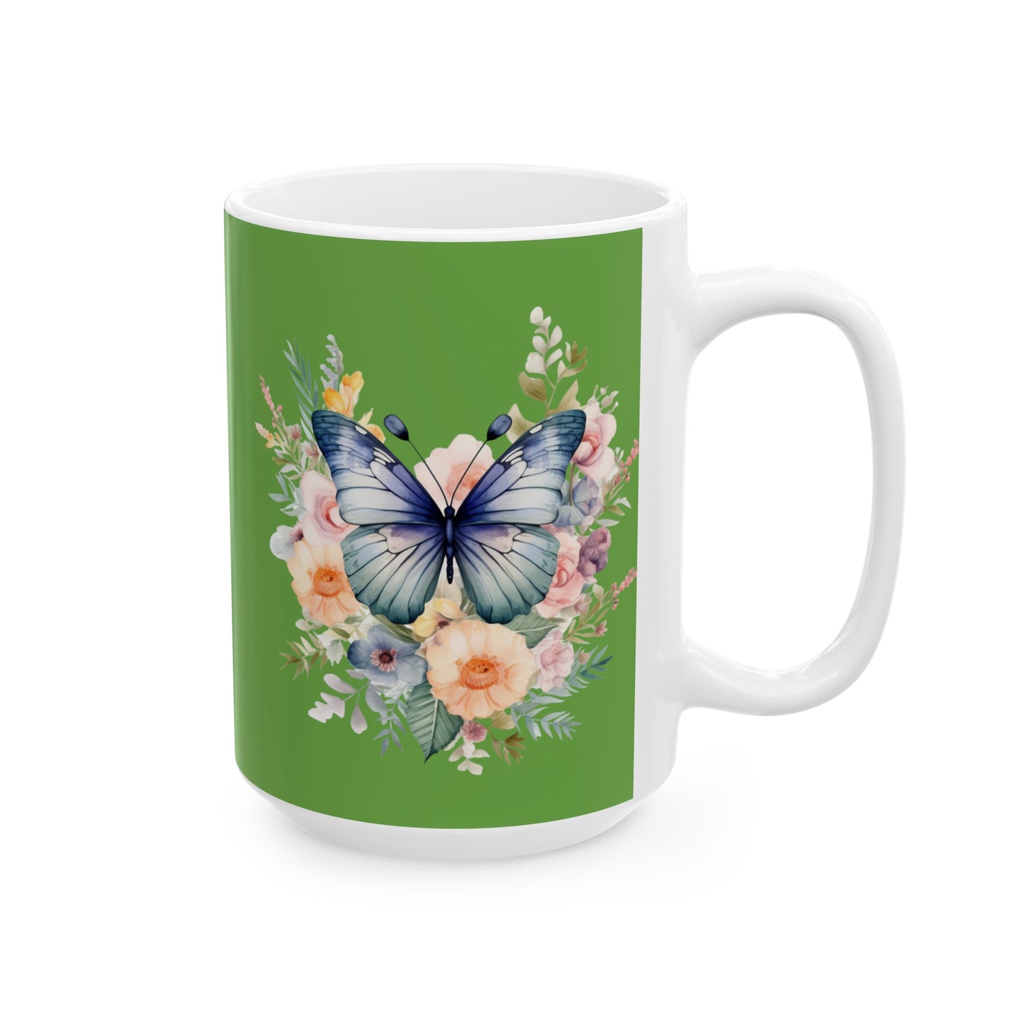 Green Ceramic Mug Butterfly, (11oz, 15oz)