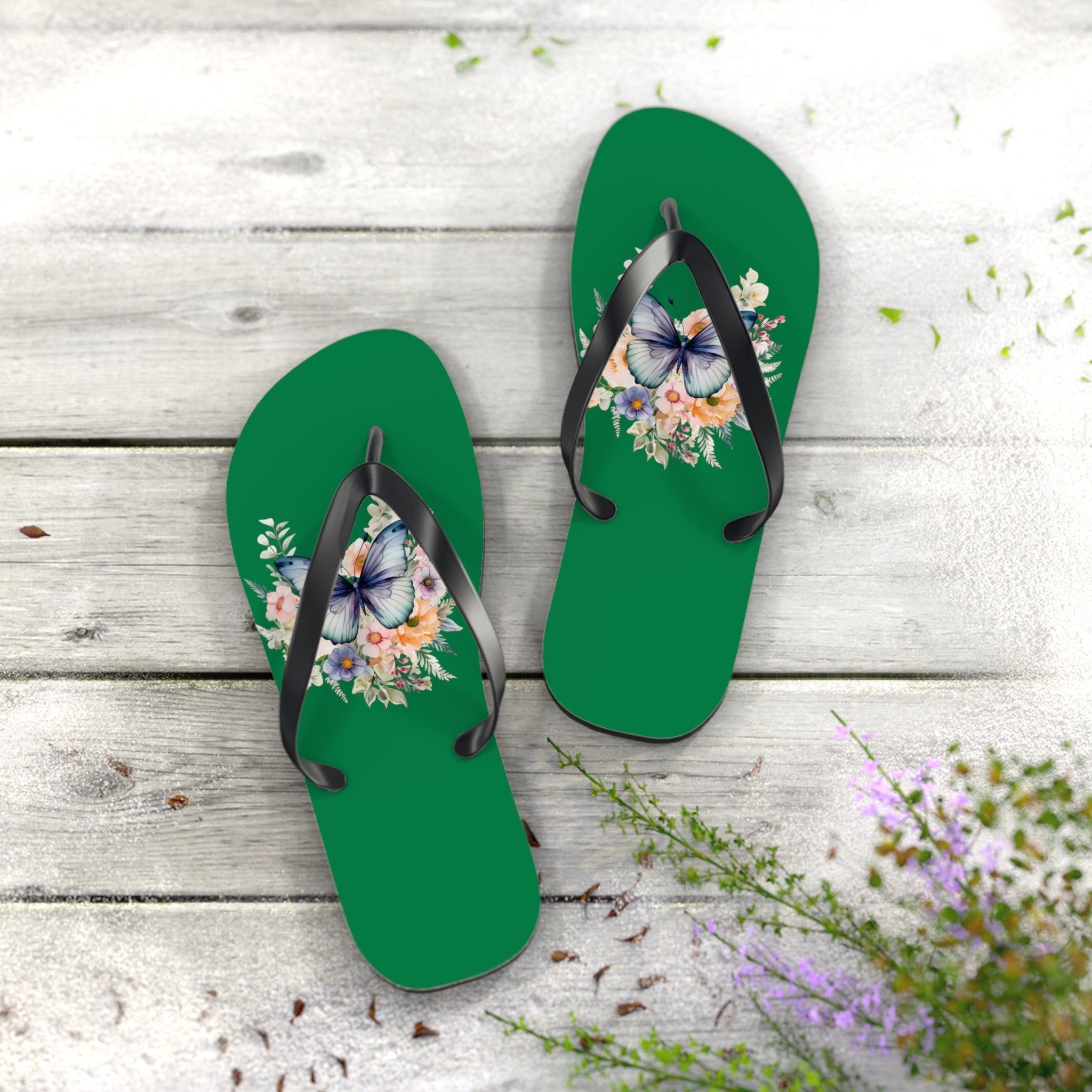 Dark Green Flip Flops with Butterfly Design