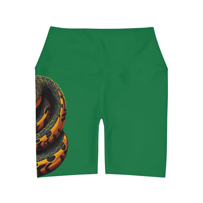 High Waisted Green Yoga Shorts (AOP) with a Snake design