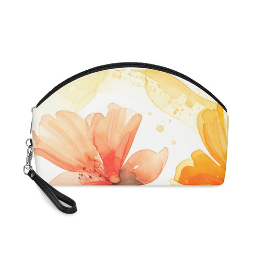 Watercolor Floral Makeup Bag – Orange Flower Cosmetic Pouch, Faux Leather Travel Makeup Organizer