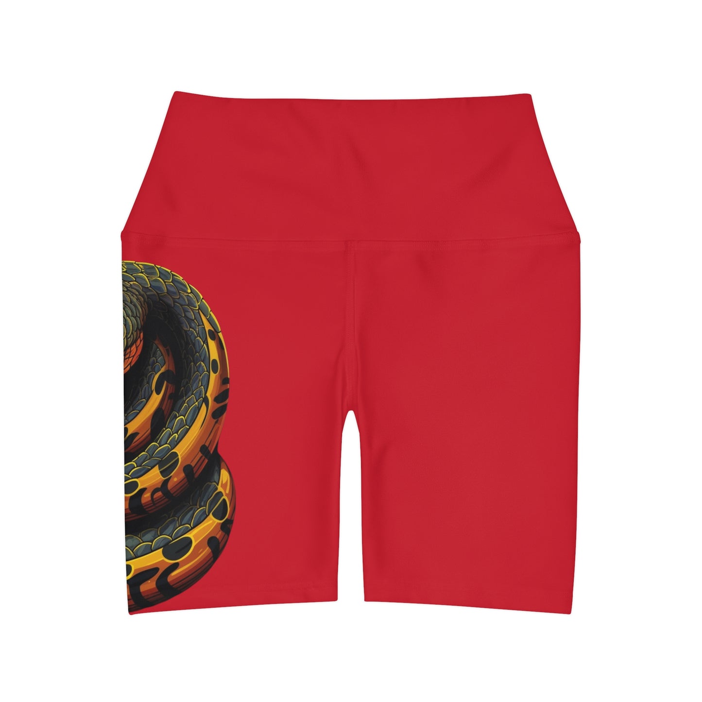 High Waisted Red Yoga Shorts (AOP) with a Snake design