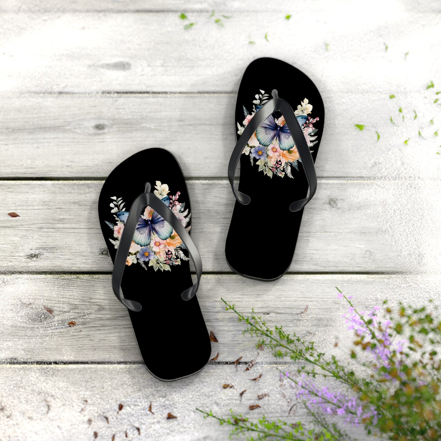 Black Flip Flops with Butterfly Design