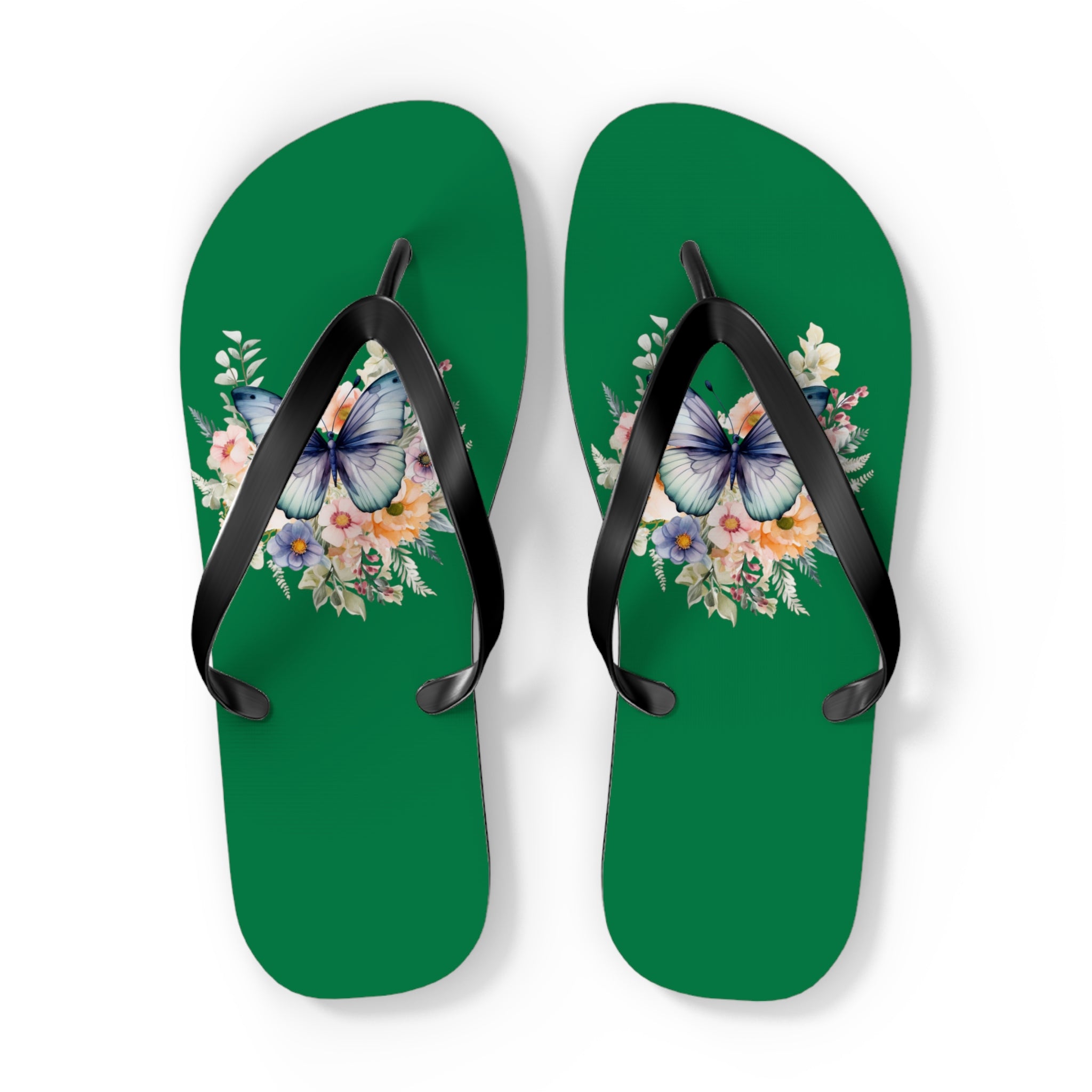 Dark Green Flip Flops with Butterfly Design