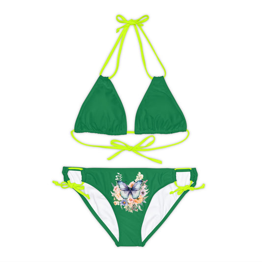 Dark Green Strappy Bikini Set (AOP) with Butterfly design