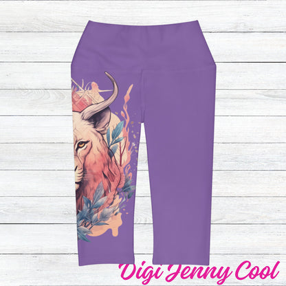 Yoga Capri White Leggings (AOP) Lion Design