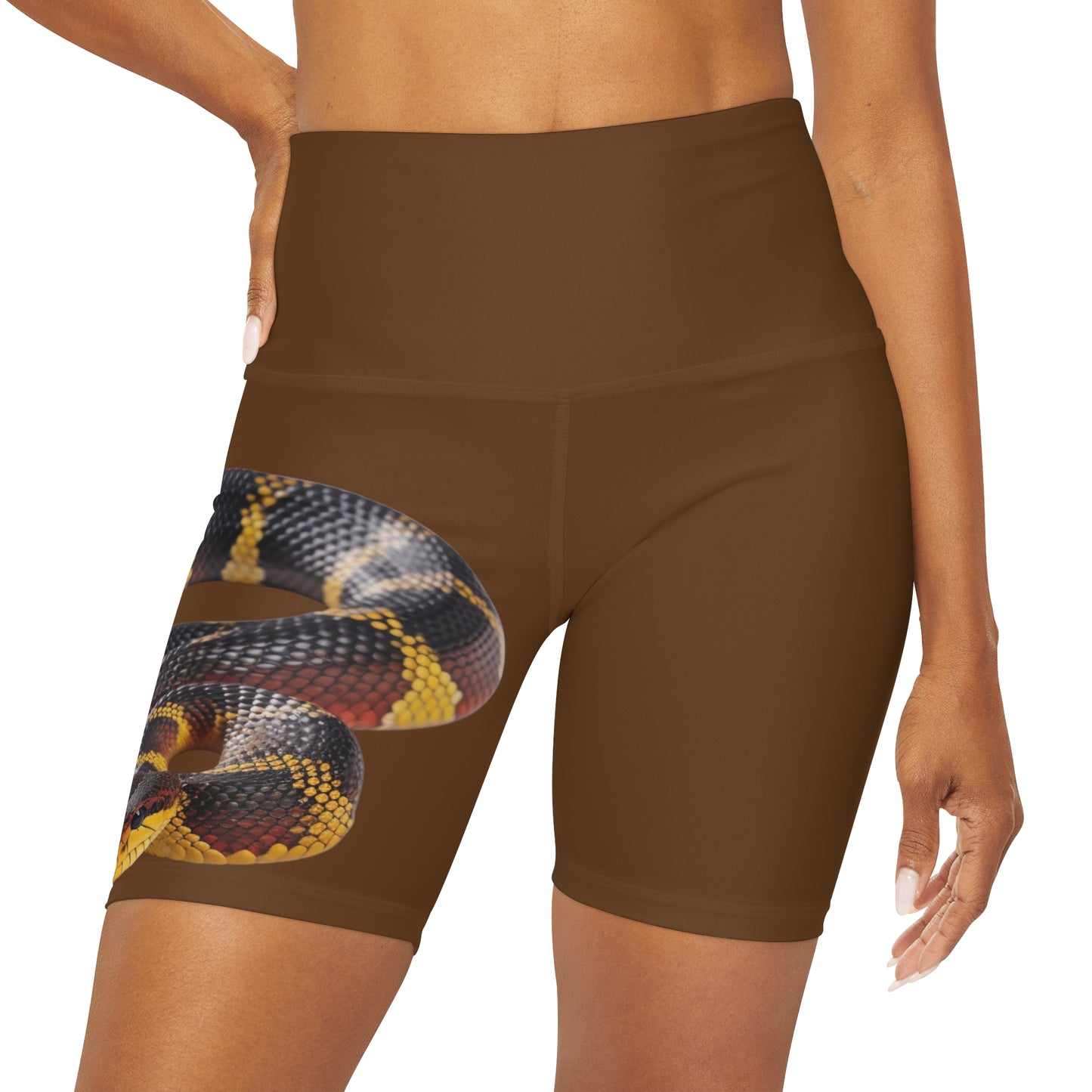 High Waisted Red Yoga Shorts (AOP) Brown Color with a Snake design