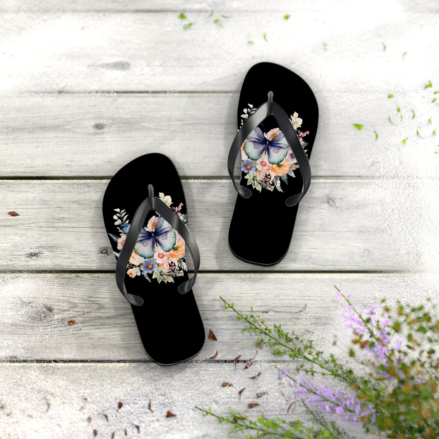 Black Flip Flops with Butterfly Design