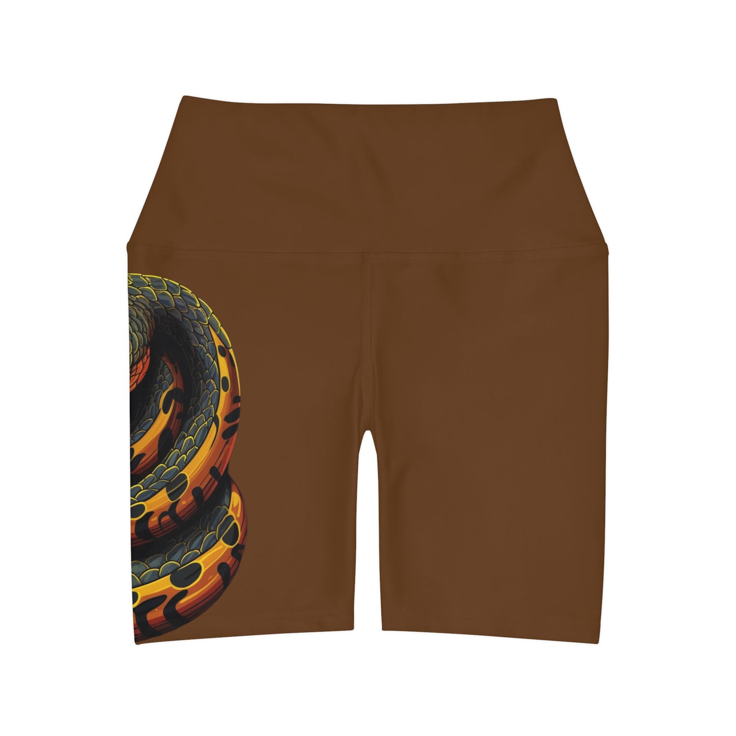 High Waisted Brown Yoga Shorts (AOP) with a Snake design