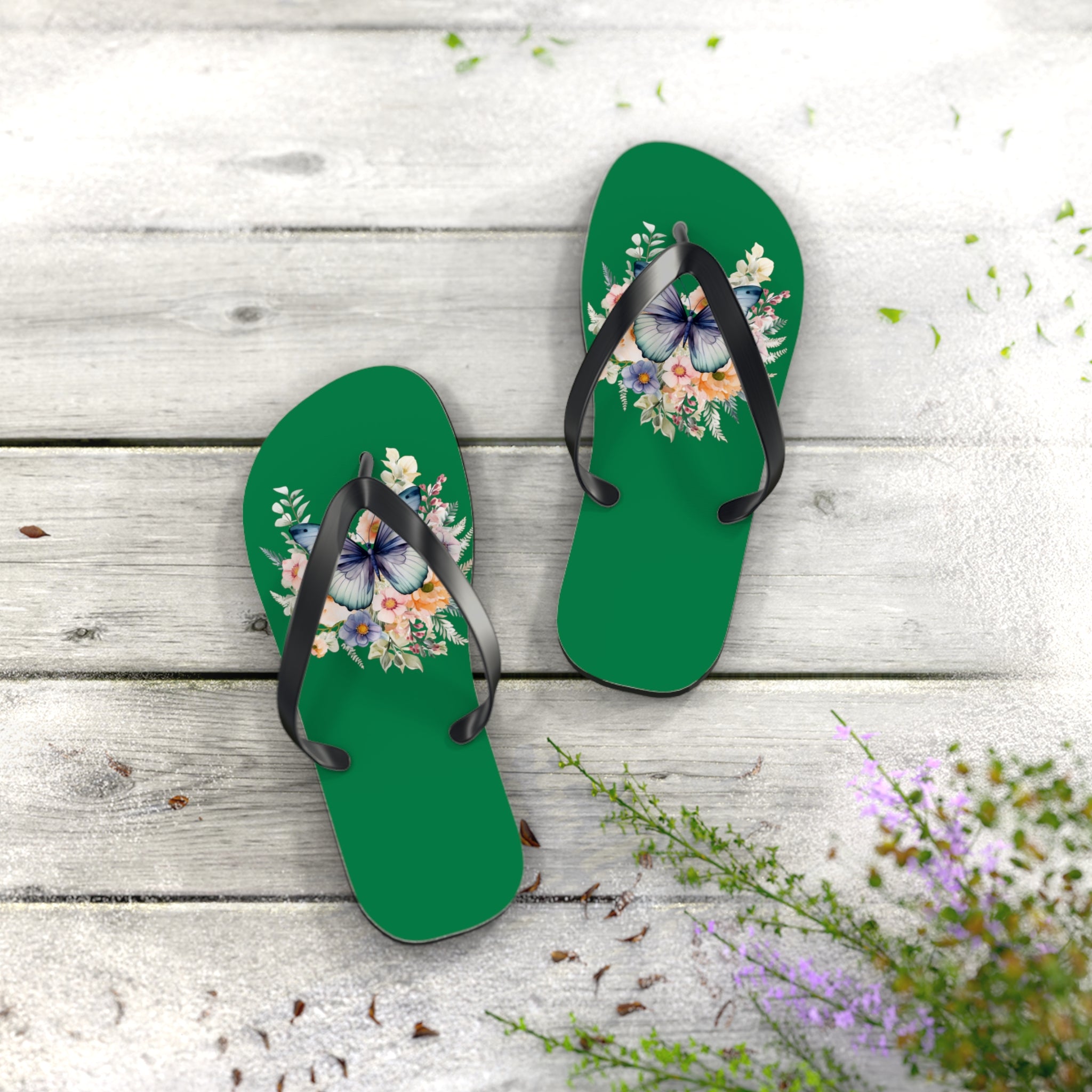 Dark Green Flip Flops with Butterfly Design