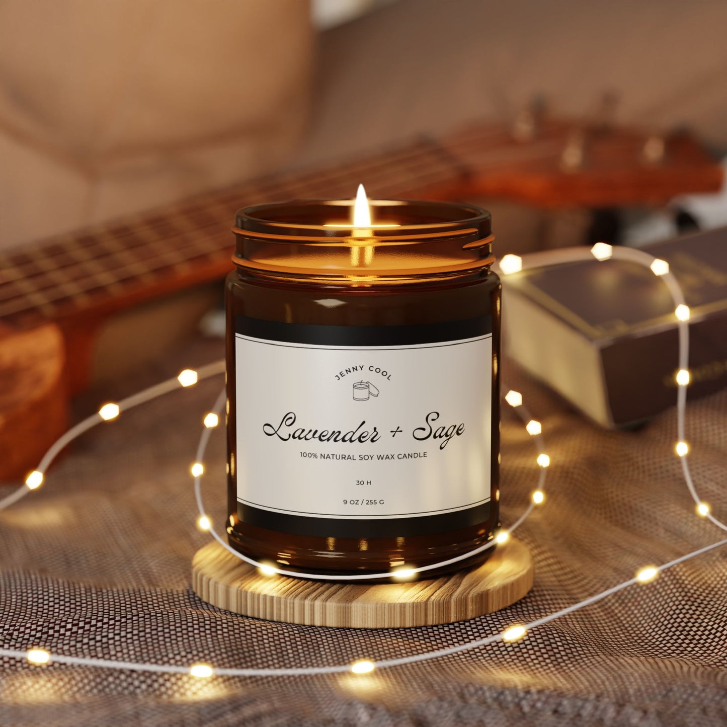 Scented Soy Candle, White Sage + Lavender (Multi-Size, Amber Jar)