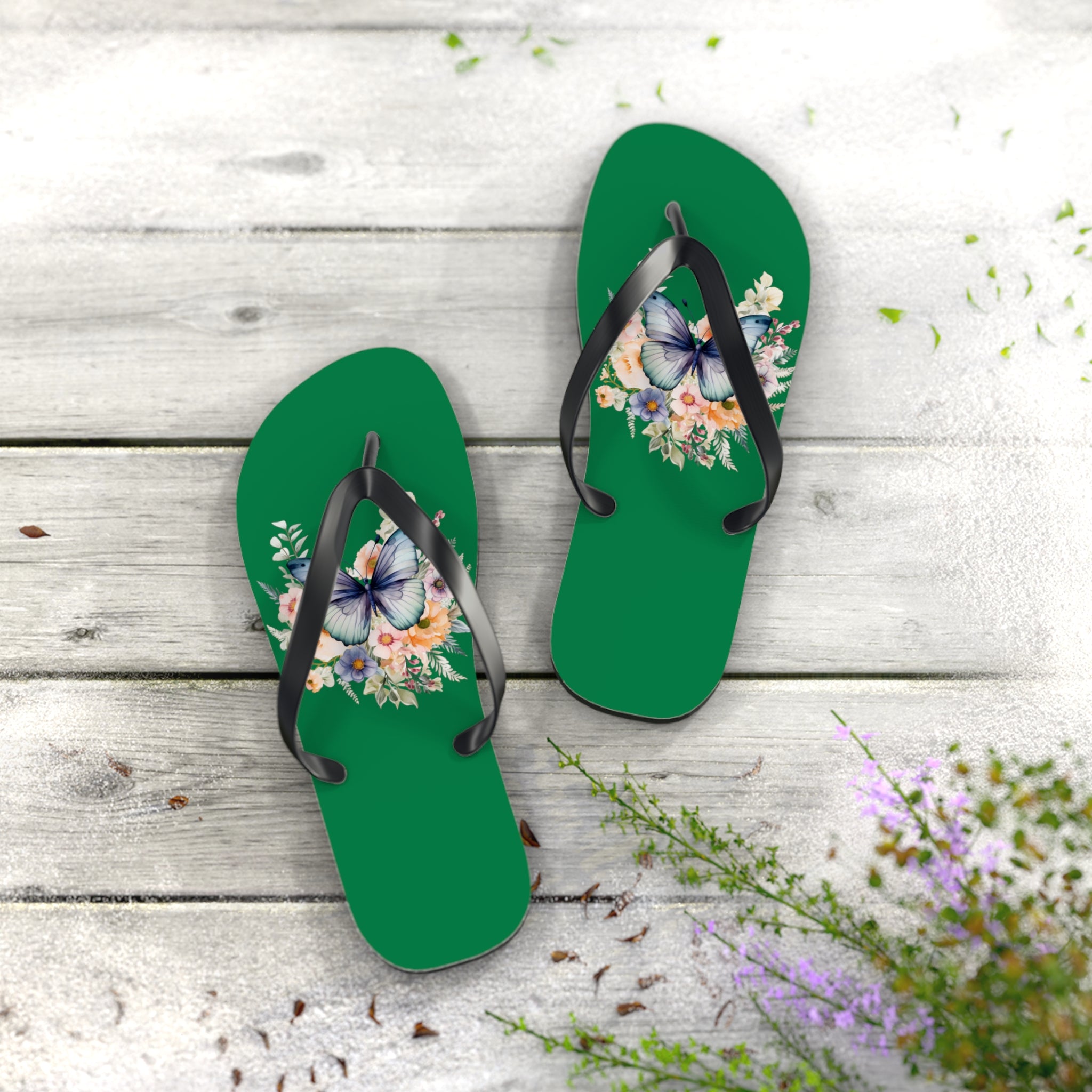 Dark Green Flip Flops with Butterfly Design