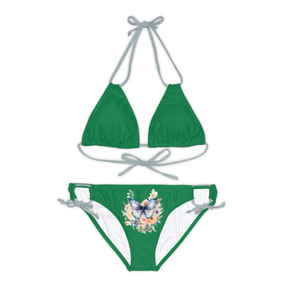 Dark Green Strappy Bikini Set (AOP) with Butterfly design