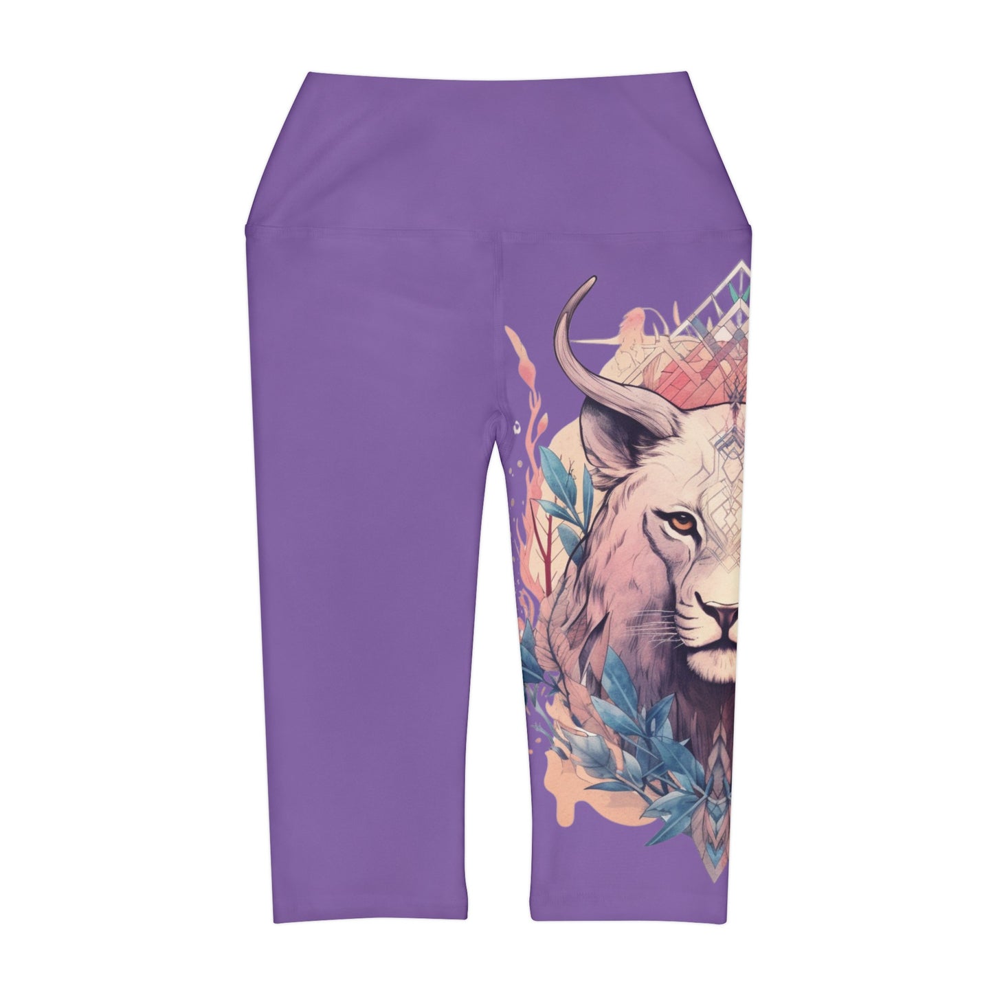 Yoga Capri White Leggings (AOP) Lion Design