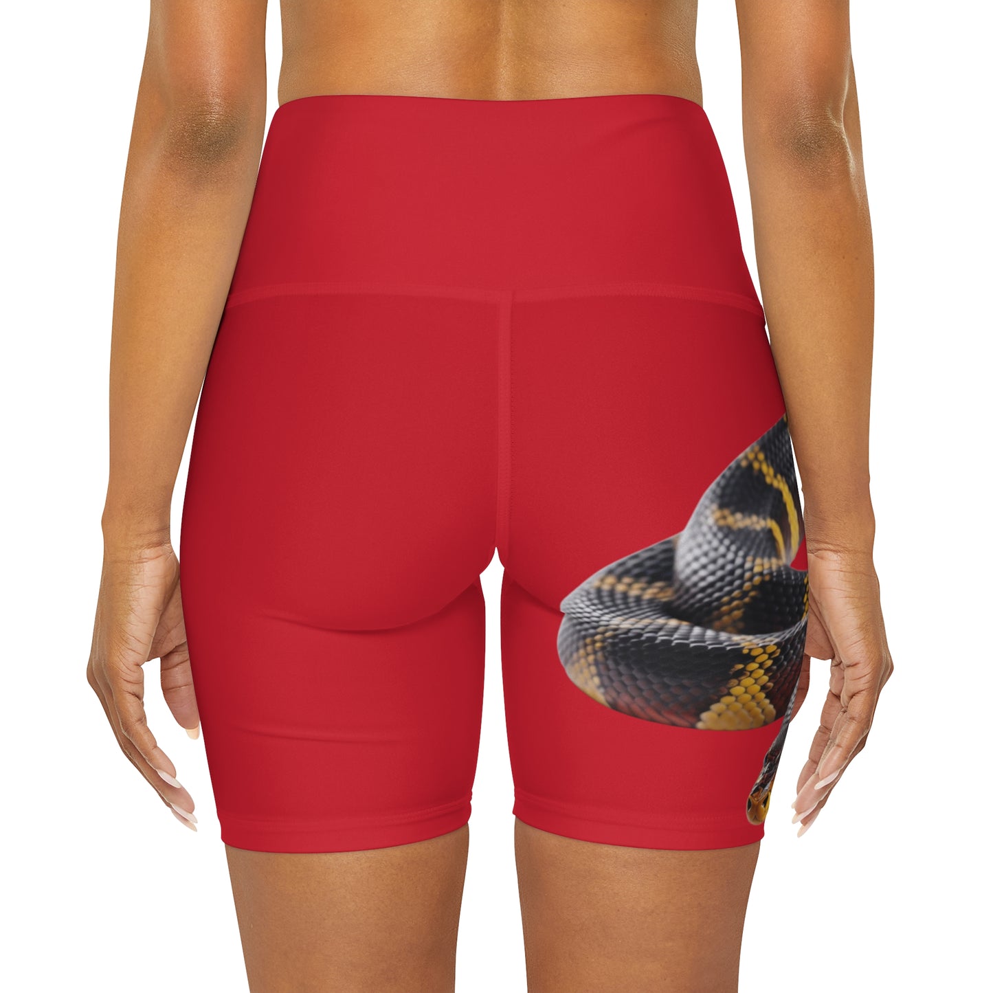 High Waisted Red Yoga Shorts (AOP) with a Snake design