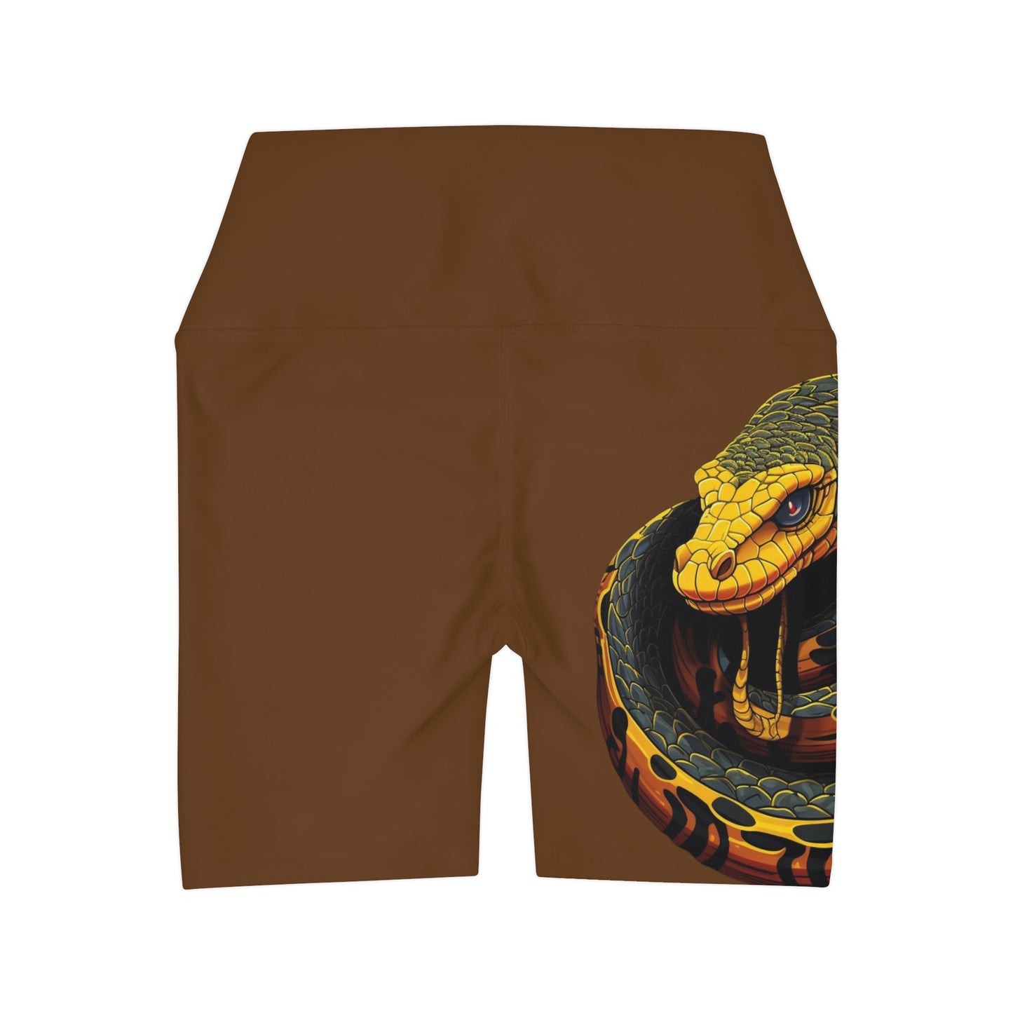 High Waisted Brown Yoga Shorts (AOP) with a Snake design